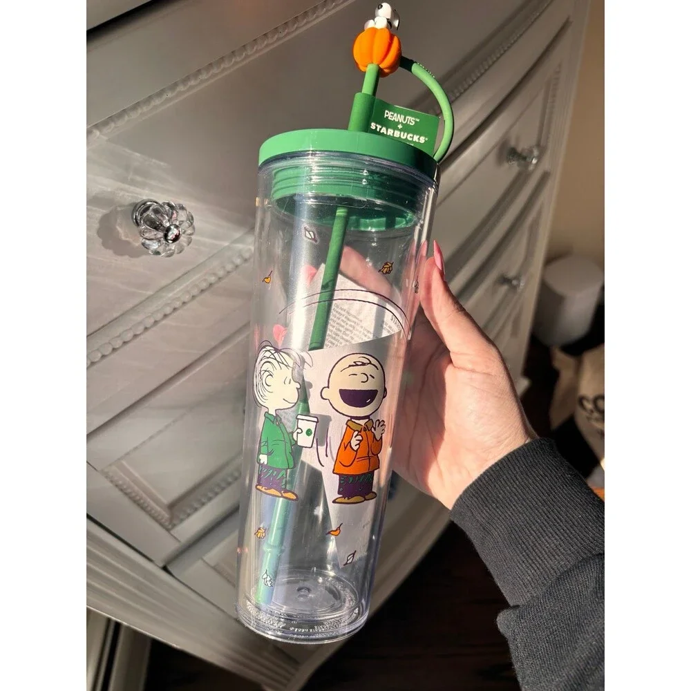 Starbucks Peanuts Charlie Brown Snoopy Clear Cup 24oz Tumbler with Straw 2026NEW